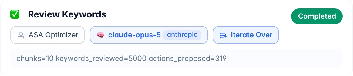Execution detail screenshot: the step where an AI agent reviews keywords